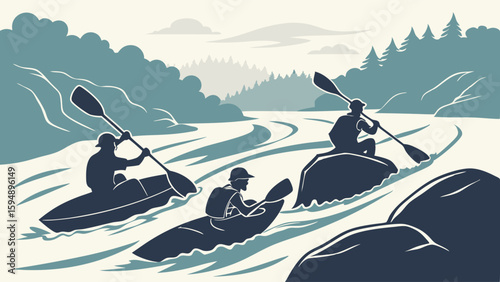 Kayaking adventure. People paddling kayaks on river. Outdoor water sport in nature. Summer recreation and travel illustration.