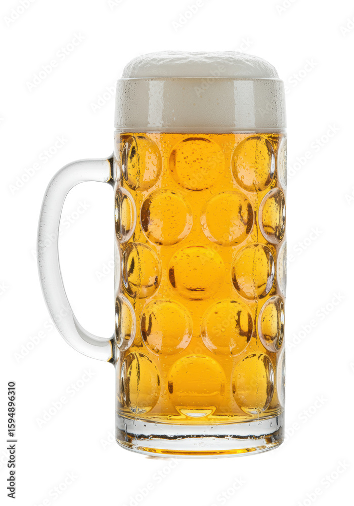A classic bavarian dimpled glass masskrug filled with golden lager beer, thick white foam, and condensation, isolated on a transparent background, high-angle commercial studio shot with sharp A classic bavarian dimpled glass masskrug filled with golden lager beer, thick white foam, and condensation, isolated on a transparent background, high-angle commercial studio shot with sharp