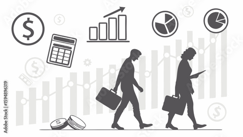 Business people walking on a financial growth path with money, charts, and graphs. Economy and investment concept.