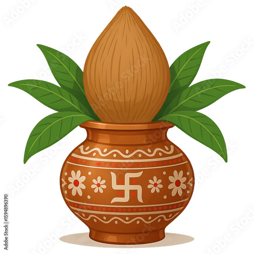  Hindu Kalash with Swastik symbol, upright coconut, and green mango leaves, symbolizing janmashtami or gansh chaturthi, and purity, isolated on transparent background 

