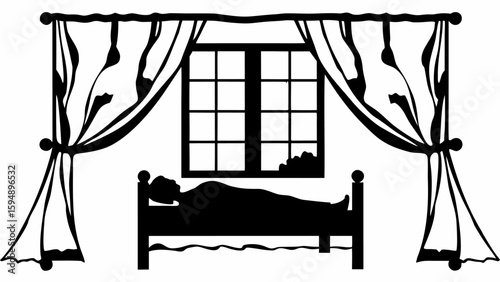 Silhouette of a person sleeping in a bed with a window and curtains in a bedroom setting at night time
