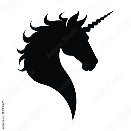 Majestic unicorn head silhouette with flowing mane and spiral horn
