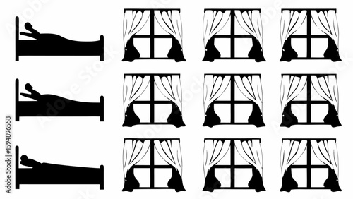 Silhouettes of people sleeping in beds and windows with curtains arranged in a grid pattern design