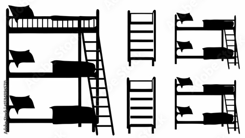 Silhouette illustration of two triple bunk beds and two ladders on a white background scene design