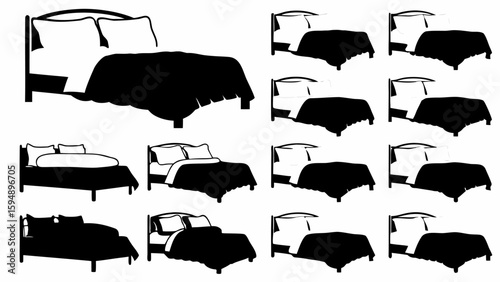 Collection of beds with pillows and blankets in black and white silhouette style on a white background