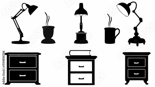 Illustration of lamps, mugs with steam, and nightstands in a black and white color scheme style silhouette