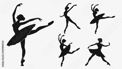 Set of elegant ballerina silhouettes. Graceful ballet dancers in various poses. Black and white dance art collection.