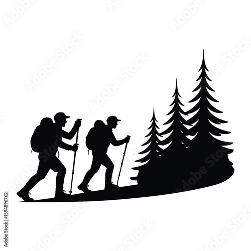 Two hikers with backpacks and trekking poles walk past pine trees