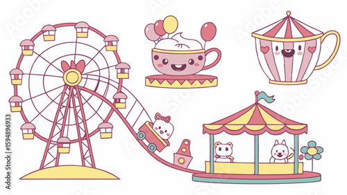 Cute cartoon amusement park rides set. Kawaii carnival fair attractions for kids. Fun theme park vector illustration.