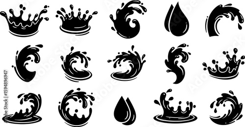 Vector art set of black silhouette tribal fire flower and bird leaf symbols