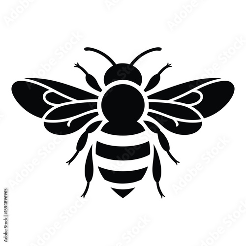 Stylized black and white silhouette of a bee with outstretched wings