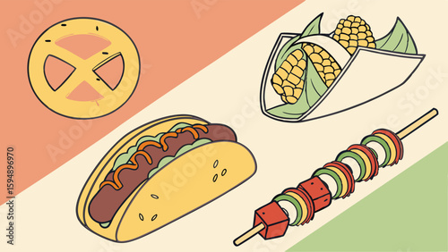 Delicious summer food illustration with hot dog, corn on the cob, and vegetable kebab. Casual picnic snacks and grilled meals.