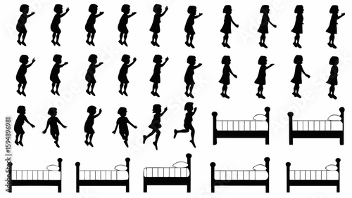 Silhouettes showing a child jumping and getting into bed in a sequence of animation frames for a bedtime routine