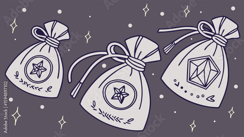 Mysterious fantasy bags with stars and gems. Game loot, lucky rewards, or surprise gift pouches on dark background.