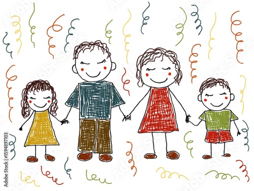 Like children drawing family mother father son daughter illustration drawn with pencils mummy daddy sister brother party holiday festive	
