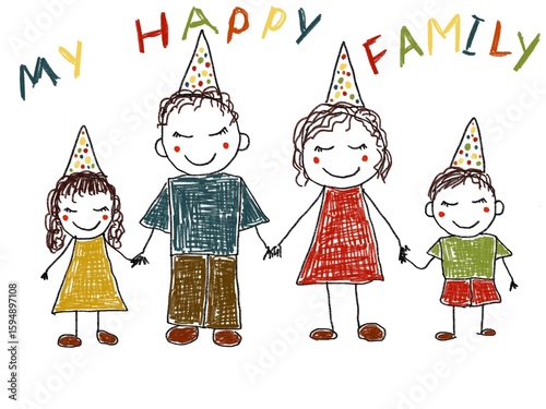 Like children drawing family mother father son daughter illustration drawn with pencils mummy daddy sister brother party holiday festive	

