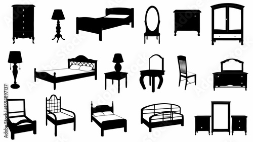 Silhouette illustration showcasing a variety of bedroom furniture items including beds chairs and dressers