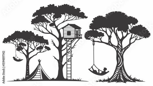 Treehouse, tree swing, hammock, and camping tent silhouettes in nature. Outdoor recreation, forest adventure, childhood fun, and relaxation.