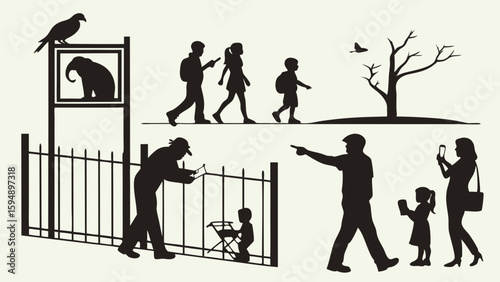 People and family visiting a zoo or park. Adults and children enjoying outdoor leisure, observing animals and wildlife.