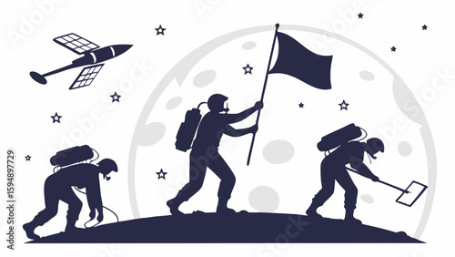Astronauts team exploring moon, planting flag. Space mission, future discovery, science, achievement, and space colonization.