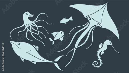 Underwater marine animals illustration set. Sea creatures collection. Ocean life icons with fish, dolphin, octopus, seahorse, ray.