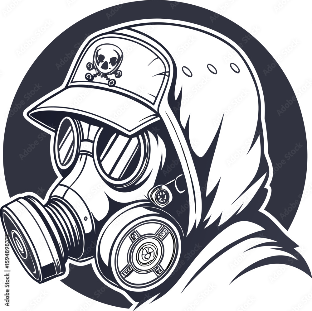 Naklejka premium Cartoon vector illustration of a soldier in a gas mask and helmet, with a skull-like face design