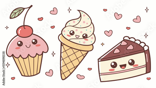 Cute kawaii dessert vector set. Adorable cartoon cupcake, ice cream, and cake slice with happy faces and hearts.