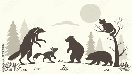 Wildlife forest animals silhouette illustration. Wolf, fox, bears, cat in natural woodland scene.