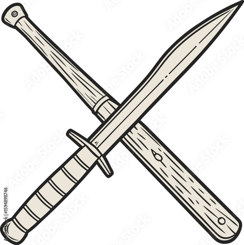 Antique metal swords with sharp steel blades, medieval knight weapons, and ancient daggers isolated on white, vector illustration