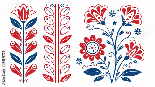 Traditional folk art floral patterns, red and blue decorative flower designs, ethnic ornament elements, vector illustration.