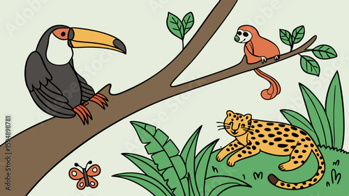 Cute cartoon tropical animals illustration toucan monkey leopard butterfly in jungle rainforest nature wildlife scene