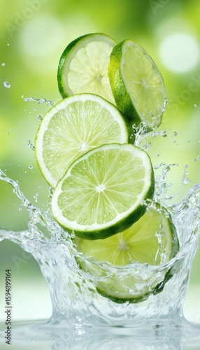 Juicy lime slices splash into clear water against a soft green bokeh background. Bright, vibrant citrus fruit creates refreshing cool refreshment, perfect for summer drinks and cocktails.
