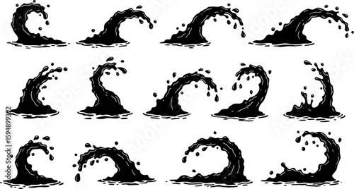 Vector art set of black silhouette tribal fire flower and bird leaf symbols