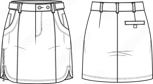 CAD drawing flat vector illustration, technical skirt design, belt loops and button front, flap pocket back, fashion template, garment sketch