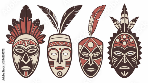 African tribal masks set. Traditional ethnic ritual wooden masks with feathers. Ancient culture art design elements.