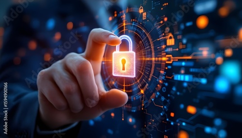 A man touching virtual display lock icon, representing security data access.