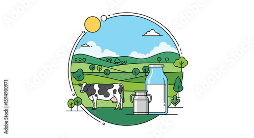 Vibrant countryside dairy farm scene with grazing cow fresh milk bottles and lush green landscape under a bright sunny sky