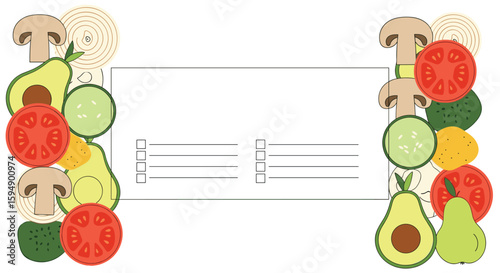 Healthy eating and grocery list featuring fresh fruits and vegetables border for a balanced diet plan