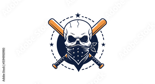 A skull wearing a bandana crossed with baseball bats inside a circle embellished with stars and dots