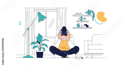 Person sitting on floor holding head in hands feeling overwhelmed with stress and anxiety in modern apartment
