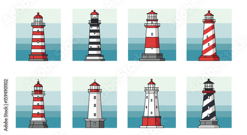 Collection of pixel art lighthouses guiding ships safely through coastal waters at sunset