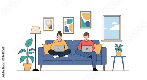 Couple working remotely together on laptops on a cozy sofa in a bright living room environment