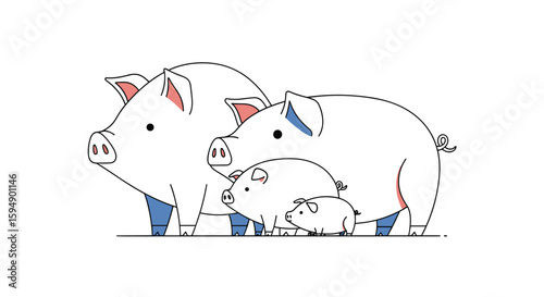 A whimsical family of adorable cartoon pigs standing together in a row against a white background