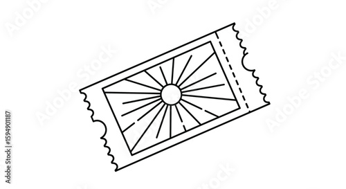 A simple graphic representation of a raffle ticket with perforated edges and a sunburst design inside a rectangular frame
