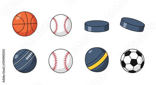 Collection of various sports balls and equipment for athletic games and competitions