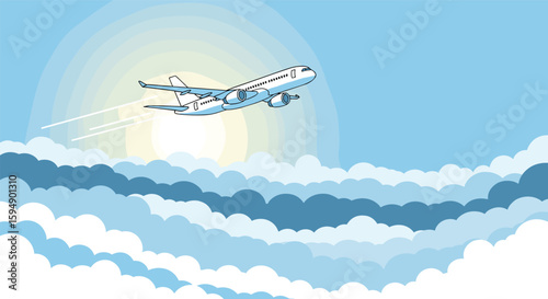 Aviation ascends through sunlit clouds against a blue sky daytime scenic view