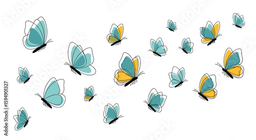 A swarm of blue and yellow butterflies fluttering gracefully across a white background with delicate outline details creating a sense of movement and whimsy