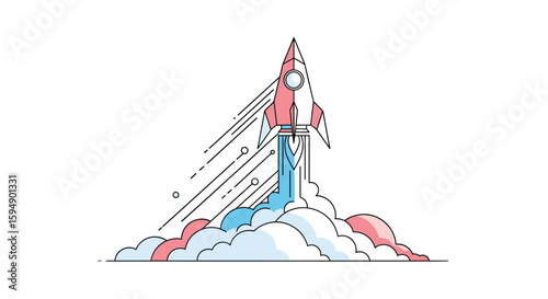 A vibrant rocket ascends amidst billowing clouds of smoke leaving a trail of motion streaks against a white background