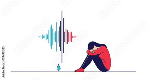 Illustrating the impact of emotional distress through sound wave visualization and a person in despair