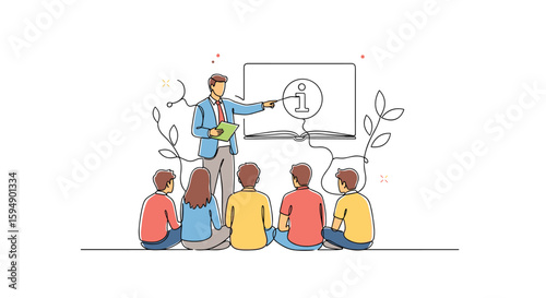 Engaging teacher presenting a lesson to attentive students gathered for learning and education